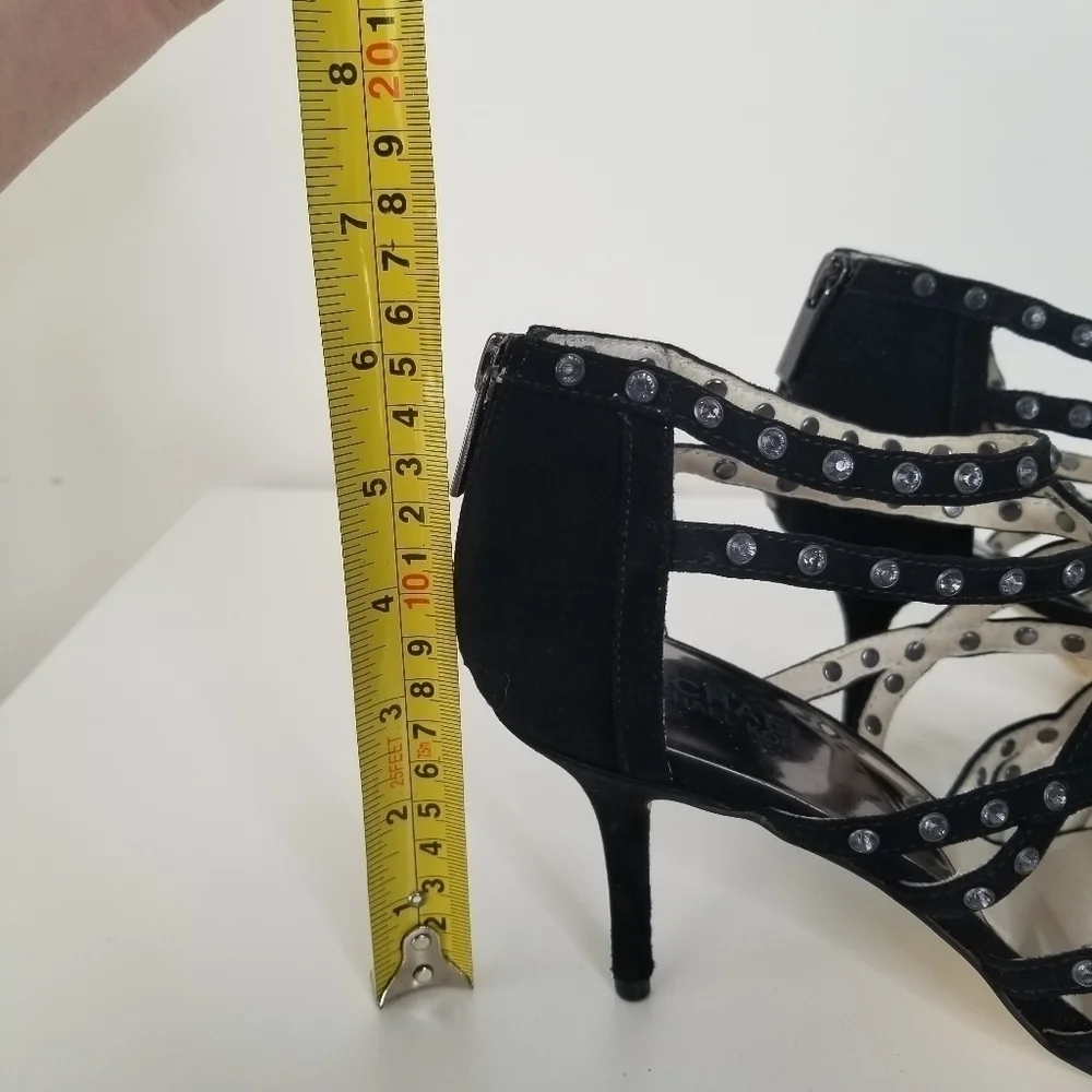 Michael Michael Kors Maddie Jeweled T-Strap Suede Peep Toe Heels Black Size 9